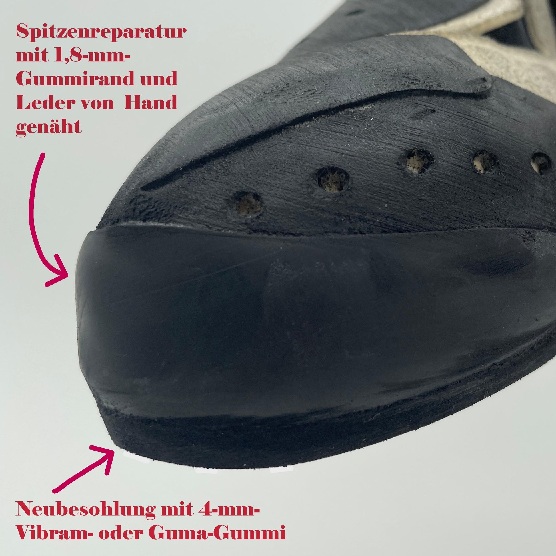 Kletterschuhe mit neuer Besohlung, Spitze und Lochreparatur 3